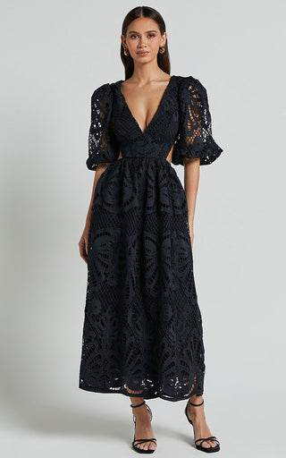 White Cut Out Long Skirt V Neck knitted Lace Embroidery Dress