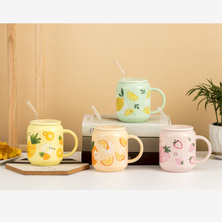 Retro Blossom Ceramic Mug with Lid & Glass Straw  Cute Floral Coffee Cup