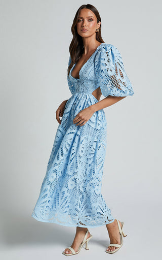 White Cut Out Long Skirt V Neck knitted Lace Embroidery Dress