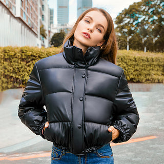 Women Leather Stand Collar Short Warm Bread Cotton-padded Coat