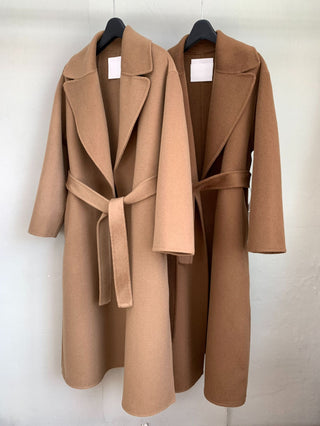Homy's Long Cashmere Color Scarf Style Double-Sided Wool Coat