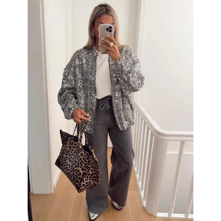 Real Shot New Loose Retro Sequin Jacket Jacket New Zipper Long Sleeve Jacket European And American Cross-border Explosions Jacket