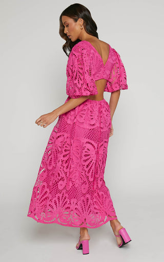 Cut Out Long Skirt V Neck knitted Lace Embroidery Dress