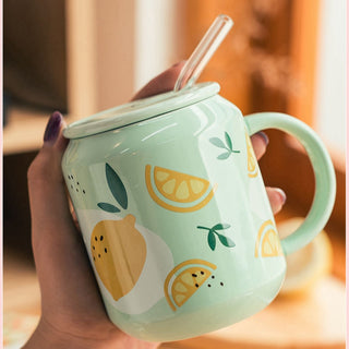 Retro Blossom Ceramic Mug with Lid & Glass Straw  Cute Floral Coffee Cup