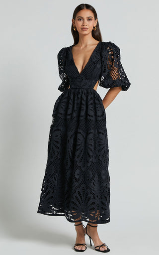 White Cut Out Long Skirt V Neck knitted Lace Embroidery Dress