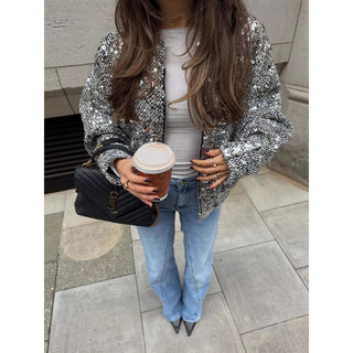 Real Shot New Loose Retro Sequin Jacket Jacket New Zipper Long Sleeve Jacket European And American Cross-border Explosions Jacket