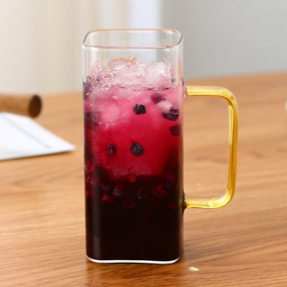 Square Glass Cup With Color Handle lid and straw