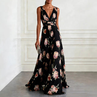 Polyester Print Sleeveless V-Neck Long Dress For Women