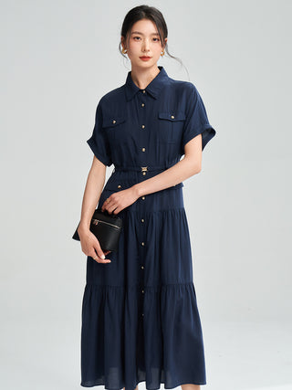 Arc De Triomphe Dress With Lapel And Buttoned Short-Sleeved