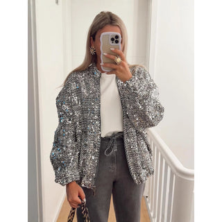 Real Shot New Loose Retro Sequin Jacket Jacket New Zipper Long Sleeve Jacket European And American Cross-border Explosions Jacket