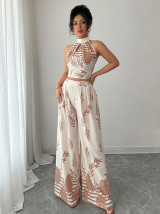 Halter Neck Tank Top Wide-Leg Pants Printed Set