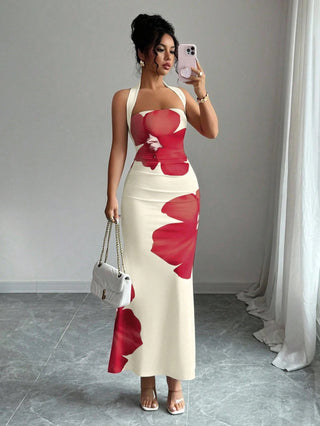 Halter Neck Backless Long Bodycon Printed Dress