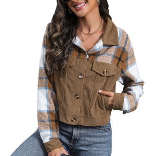 Corduroy Plaid Top Retro Lapel Splicing Cardigan Jacket