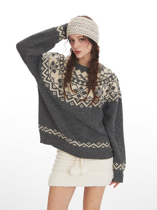 Fair Isle Retro Soft Waxy Round Neck pullover top Unisex