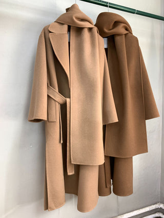 Homy's Long Cashmere Color Scarf Style Double-Sided Wool Coat