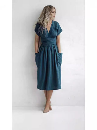 Cotton And Linen Casual Pocket Dress