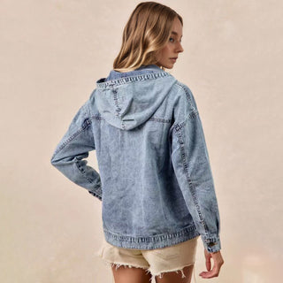 Round Neck Hoodie style Long-Sleeved Casual Denim Jacket