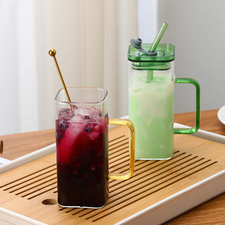 Square Glass Cup With Color Handle lid and straw