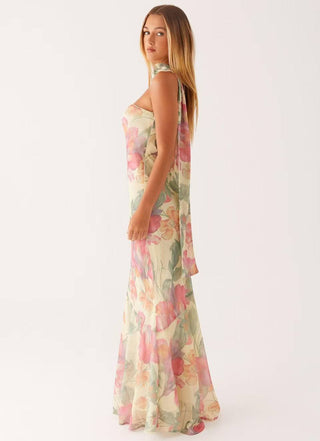 Yellow Floral Fishtail dress Tight Waist Slimming maxi dress