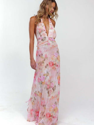 Backless Slim Printed Halter neck Floral maxi Dress