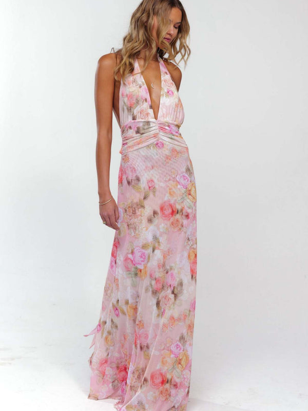 Backless Slim Printed Halter neck Floral maxi Dress