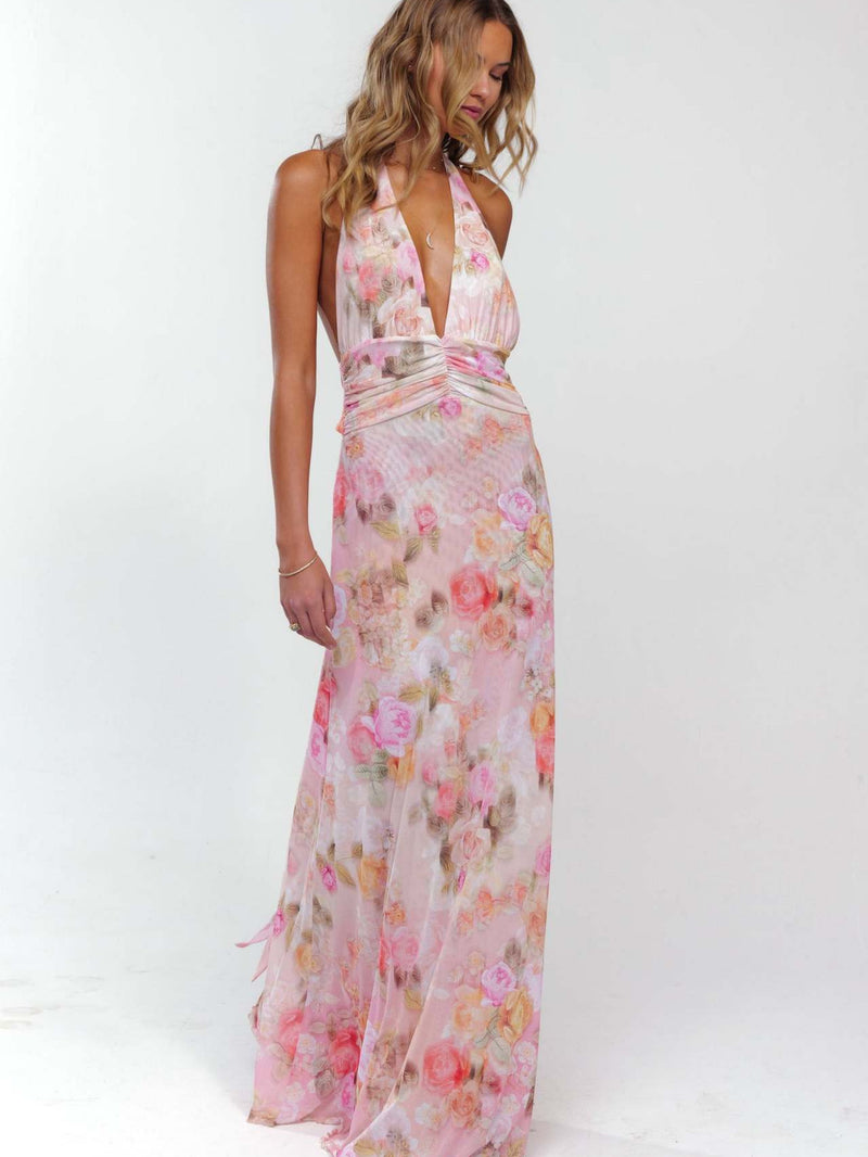Backless Slim Printed Halter neck Floral maxi Dress