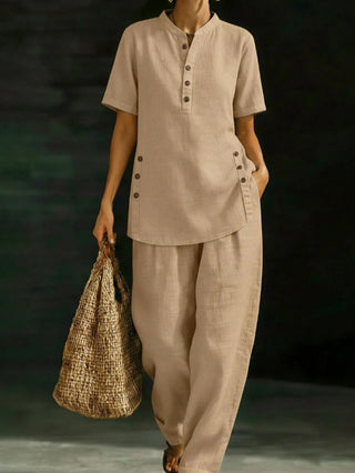 Casual Button-Up Shirt And Wide-Leg Pants Two-Piece Linen  Set