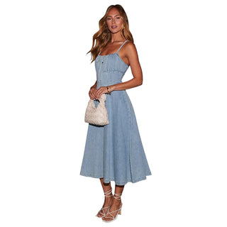 Hollow Strap Slim Waist Denim midi Dress
