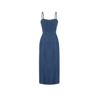 Blue Thin Washed Casual Denim Suspender Midi Dress