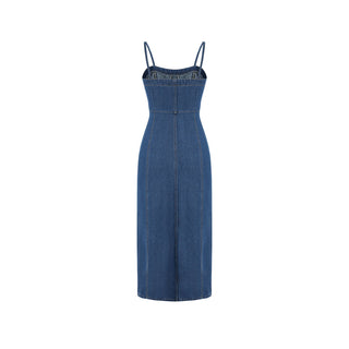 Blue Thin Washed Casual Denim Suspender Midi Dress