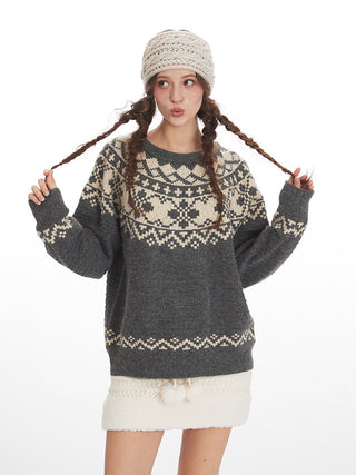 Fair Isle Retro Soft Waxy Round Neck pullover top Unisex
