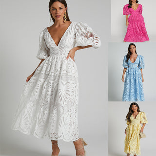 Light Blue Cut Out Long Skirt V Neck knitted Lace Embroidery Dress