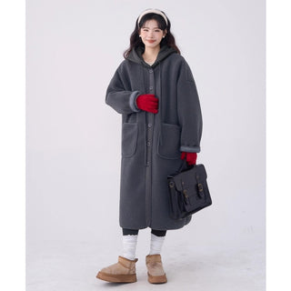 Homy's Artistic Lazy Style Mid-Length Hooded Lamb Wool Coat