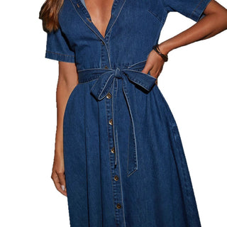 New Retro V Neck Strappy midi Denim Dress