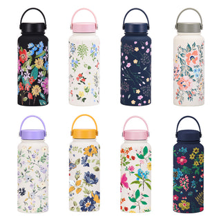1L Insulated Cup Large Capacity Wide Mouth Portable Vacuum Sports Water Bottle Outdoor Printed Water Cup For Women