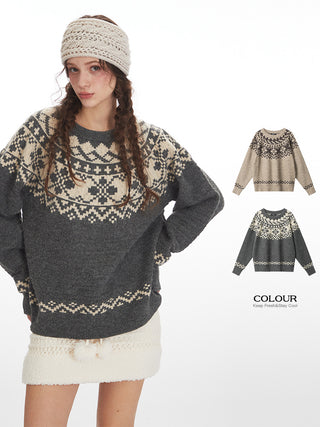 Fair Isle Retro Soft Waxy Round Neck pullover top Unisex