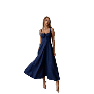 Navy Blue Backless and Sleeveless midi Denim Dress