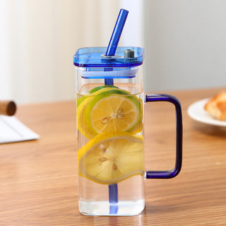 Square Glass Cup With Color Handle lid and straw