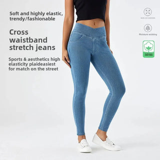 Homy Women Cross Waist Yoga Jeans with pockets