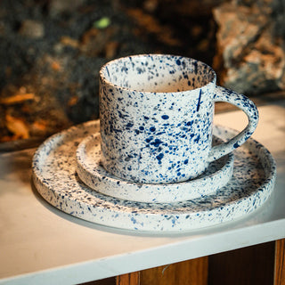 Medieval black striped cup and saucer and plate set