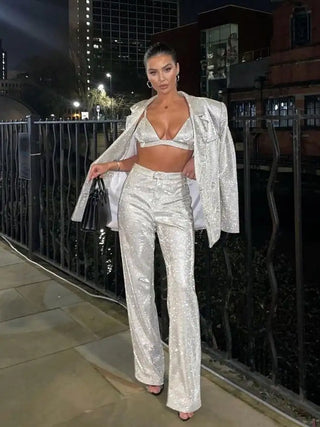 Tossy Glitter Silver Party Two Piece Pants Set Women Club Night