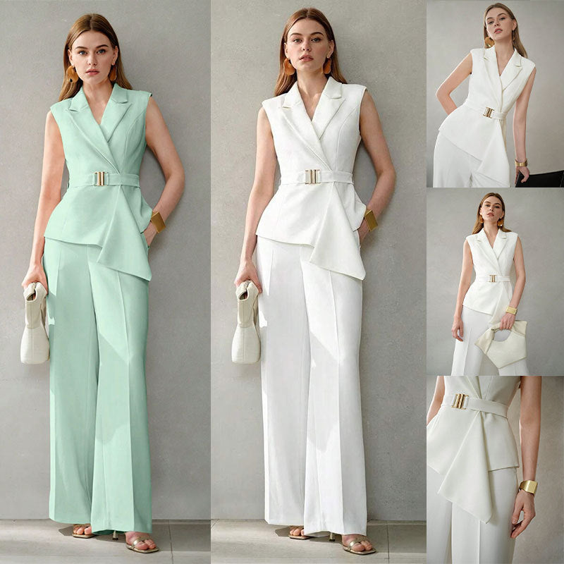 Plain Versatile Slim-Fit Two-Piece Trouser and sleeveless shirt Set