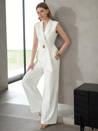 Plain Versatile Slim-Fit Two-Piece Trouser and sleeveless shirt Set
