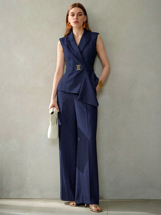 Plain Versatile Slim-Fit Two-Piece Trouser and sleeveless shirt Set