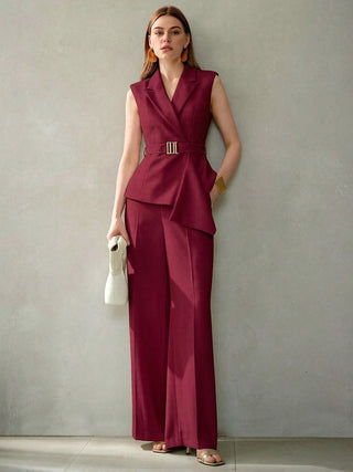 Plain Versatile Slim-Fit Two-Piece Trouser and sleeveless shirt Set