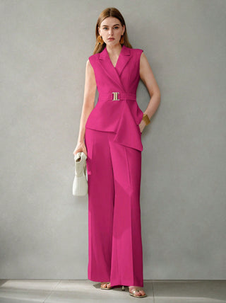 Plain Versatile Slim-Fit Two-Piece Trouser and sleeveless shirt Set