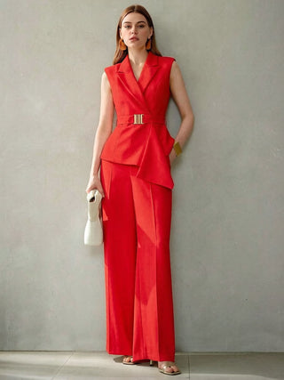 Plain Versatile Slim-Fit Two-Piece Trouser and sleeveless shirt Set