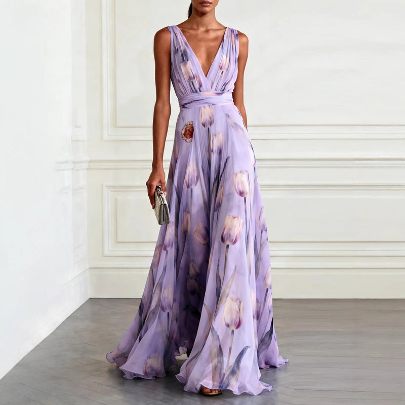 Polyester Print Sleeveless V-Neck Long Dress For Women