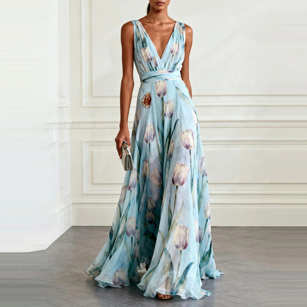 Polyester Print Sleeveless V-Neck Long Dress For Women