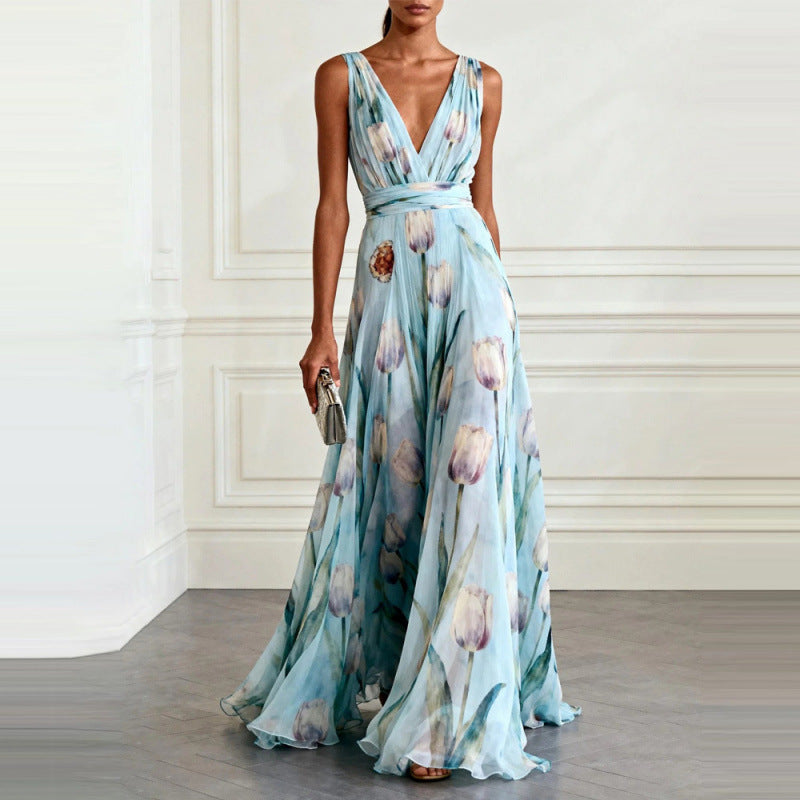 Polyester Print Sleeveless V-Neck Long Dress For Women